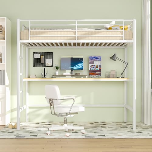 VECELO Metal Loft Bed Twin Size, Heavy Duty Bedframe with Removable Ladder and Safety Guardrail, Space-Saving, Noise Free, No Box Spring Needed, Off White