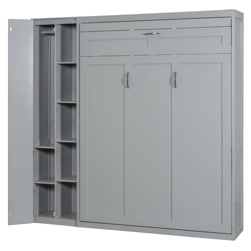 Full Size Murphy Wall Bed With Storage and Bookcase Headboard, Solid Wood Cabinets With Shelves, Drawers and USB Ports, Multi-Function Platform for Home Office, Guest Room - White