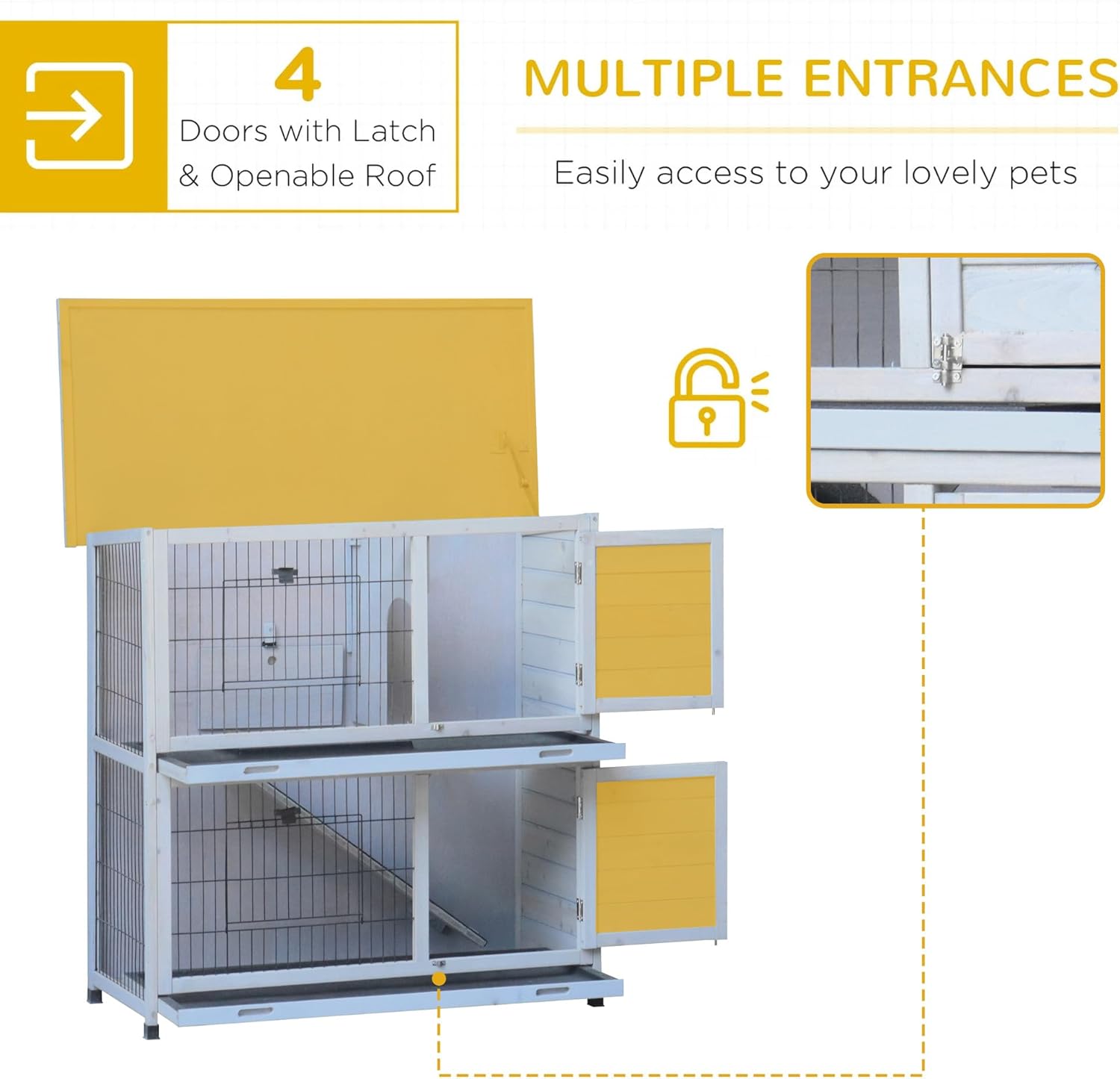 41" 2-Story Rabbit Hutch Outdoor, Large Rabbit Hutch, Rabbit Hutches Weatherproof, with 2 Removable No-Leak Trays, for Rabbit, Guinea Pig, Hedgehog, Chick, White