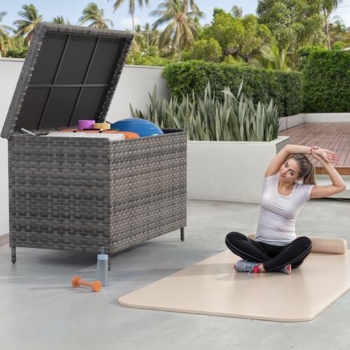 YITAHOME 230 Gal Outdoor Storage Box, XXL All-Weather Wicker Deck Box for Patio Furniture, Cushions, Pool Accessories and Garden Tools - Black