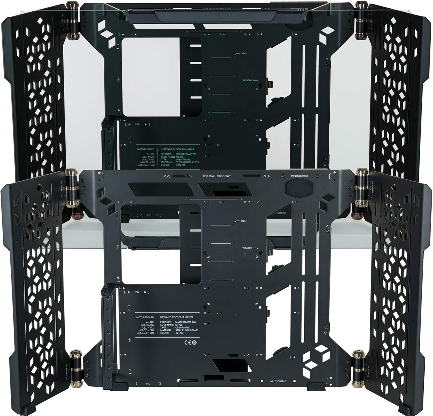 Cooler Master MasterFrame 700 Custom Test Bench/Open-Air ATX PC Case, Panoramic Tempered Glass, Premium Variable Friction Hinges, Built-in VESA Mount