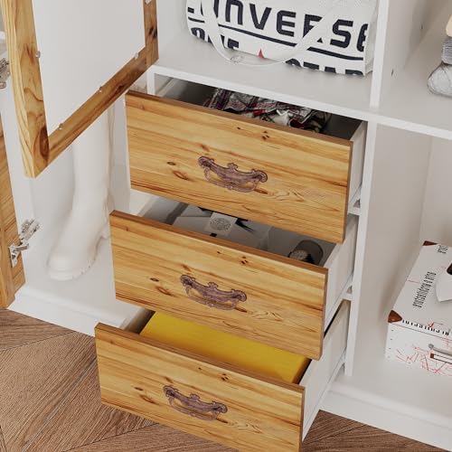 Large Armoire Wardrobe with 5 Wood Doors, 5 Closed Shelves, 1 Hanging Space, 1 Mirror, 2 Shoes Storage Space, 3 Drawers for Bedroom, White (45.7”W x 20.3”D x 75.7”H)