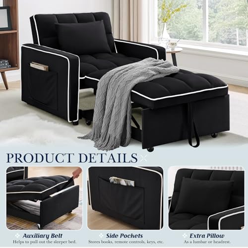 Sleeper Chair, 3 in 1 Convertible Chair Bed,Velvet Tufted Upholstered Single Pullout Sofa Chair Bed with Adjustable Backrest&Side Pockets,Recliner Lounger Bed for Living Room/Office/Small Space(Beige)