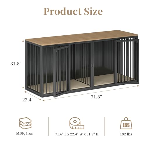 Large Dog Crate Furniture for 2 Dogs, 71.6'' All Steel Frame Dog Crate with Double Doors, Heavy Sturdy Dog Kennel for Small Medium Large Dog, Indoor Double Dog Cage with Wooden Top (White)