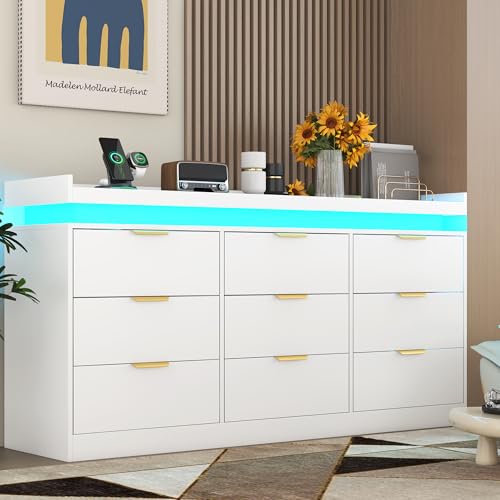 White Dresser with LED Lights, Wooden LED Dresser, 4 Drawer Chest with Charging Station, Tall Chest of Drawer Closet Organizer for Bedroom, Living Room, Entryway, Hallway