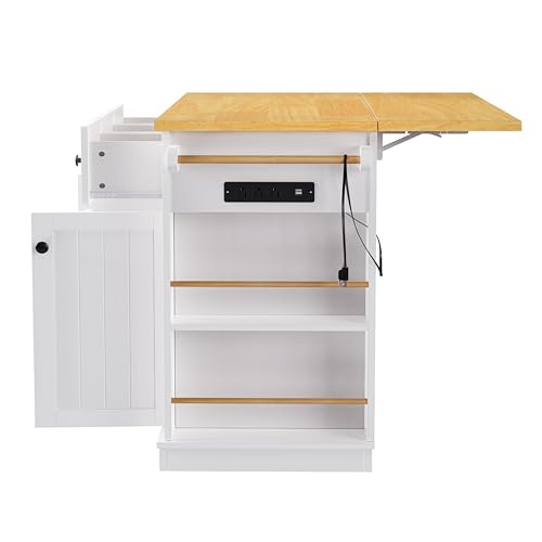 53" Rolling Large Kitchen Island Set with Power Outlet,Mobile Carts with Storage Cabinet,Extra Drop Leaf,3 Drawers and 5 Open Side Racks,Wood Table for Dining Room (Island & Stools)