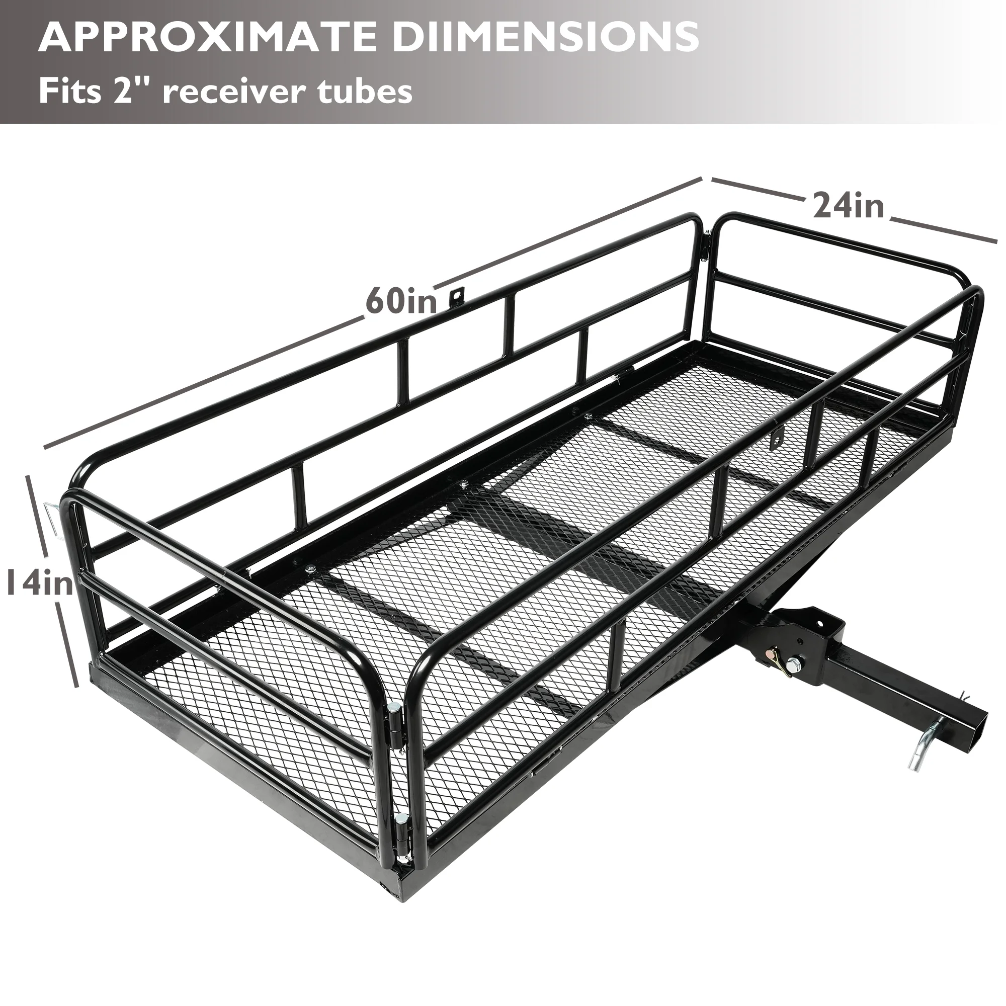 60" X 24" X 14" Folding Hitch Mount Cargo Carrier, 500lb Heavy Duty Capacity Rear Cargo Luggage Rack Basket, Foldable Hitch Mount Cargo Trailer Fits 2" Receiver for Car SUV Camping Traveling