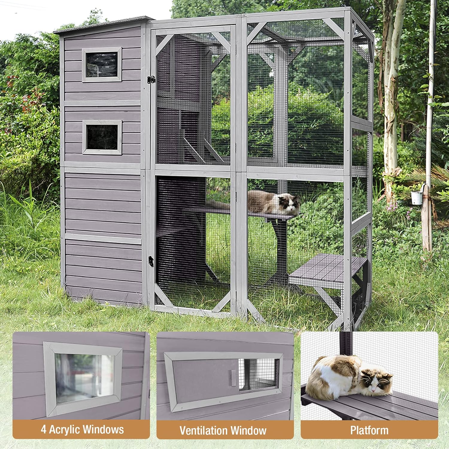 Large Cat Catio Kitty House wih 4 Tiers Cat House for Outdoor Cats Waterproof roof Cat Enclosures,77 Inch