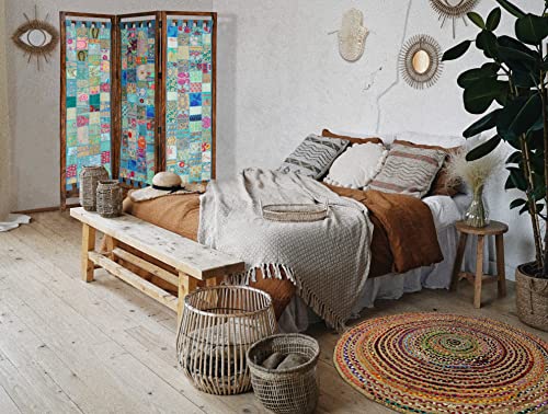 Room Divider Wood Screen - Ghanti Bells Antique Brown - 4 Panel Folding 72 x 80 - Assembled Hand Carved Decorative Functional Versatile Portable Partition Reversible Privacy Boho - COTTON CRAFT