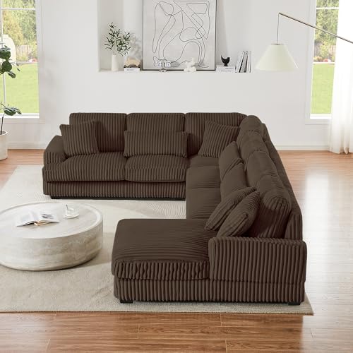 Oversized U-Shaped Sectional Sofa Couch Plush Corduroy Upholstered Modular Deep Seat Sofa&Couch Sectional W/Right Facing Chaise Lounge and 7 Toss Pillows for Home Apartment Living Room Furniture Sets