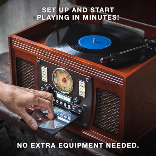 Victrola Navigator 8-in-1 Bluetooth Record Player with Built-in Speakers– 3 Speed Turntable, CD Player, Cassette, FM Radio, USB, RCA Out, Headphone Jack, Wireless Music Streaming, Real Wood (Mahogany)