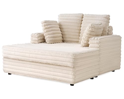 VanAcc 53 Inch Chaise Lounge Indoor, Upholstered Sofa Bed with Throw Pillows and Armrests, Sleeper Chair- Plush Chair Bed for Living Room, Off-White