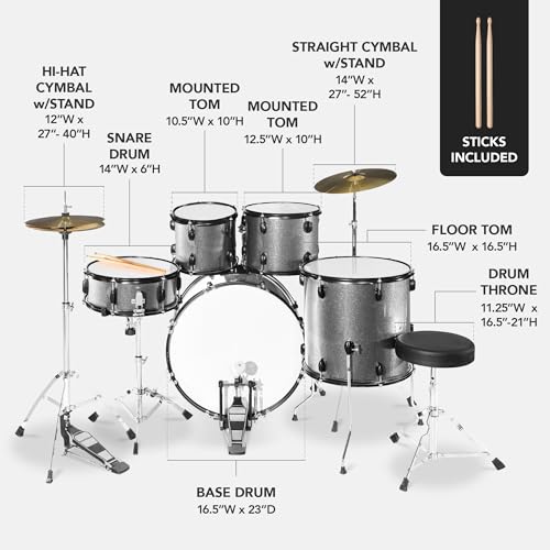 Best Choice Products 5-Piece Full Size Complete Adult Drum Set w/Cymbal Stands, Stool, Drum Pedal, Sticks, Floor Tom - Dark Blue Sparkle