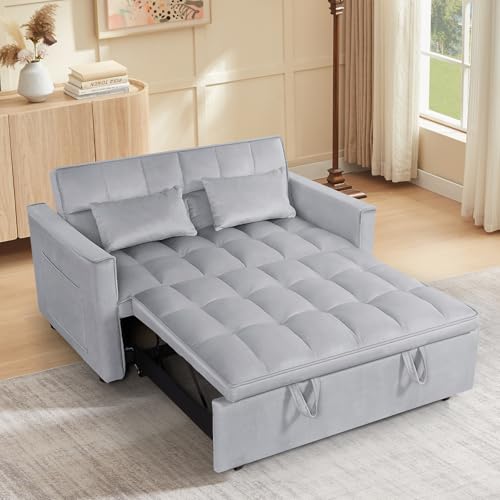 3 in 1 Convertible Sleeper Sofa Bed,Futon Loveseat Couch with Pull-Out Bed & Adjustable Backrest,Velvet Fabric Sofa with Side Pocket for Small Apartment, Living Room, Office (Black)