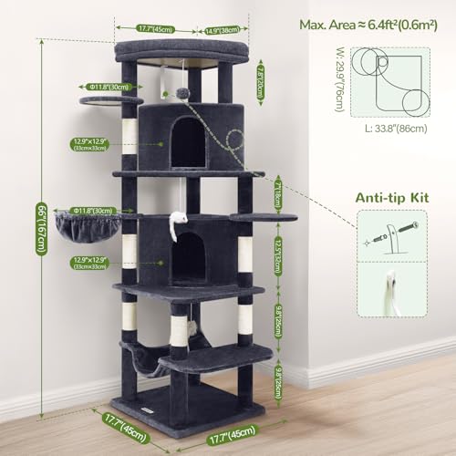 Globlazer Corner Cat Tree for Large Cats, 66inch Tall Curved Series Large Cat Tower for Multiple Indoor Cats with 6 Scratching Posts, 2 Spacious Cat Condos, Hammock, Hanging Basket, C66, Beige