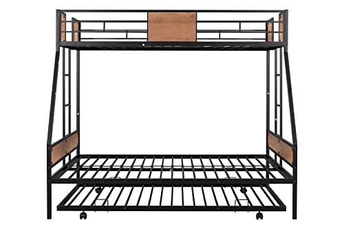 Twin Over Full Bunk with Trundle Metal Bunk Bed Frame with Slat and Guardrail, Black