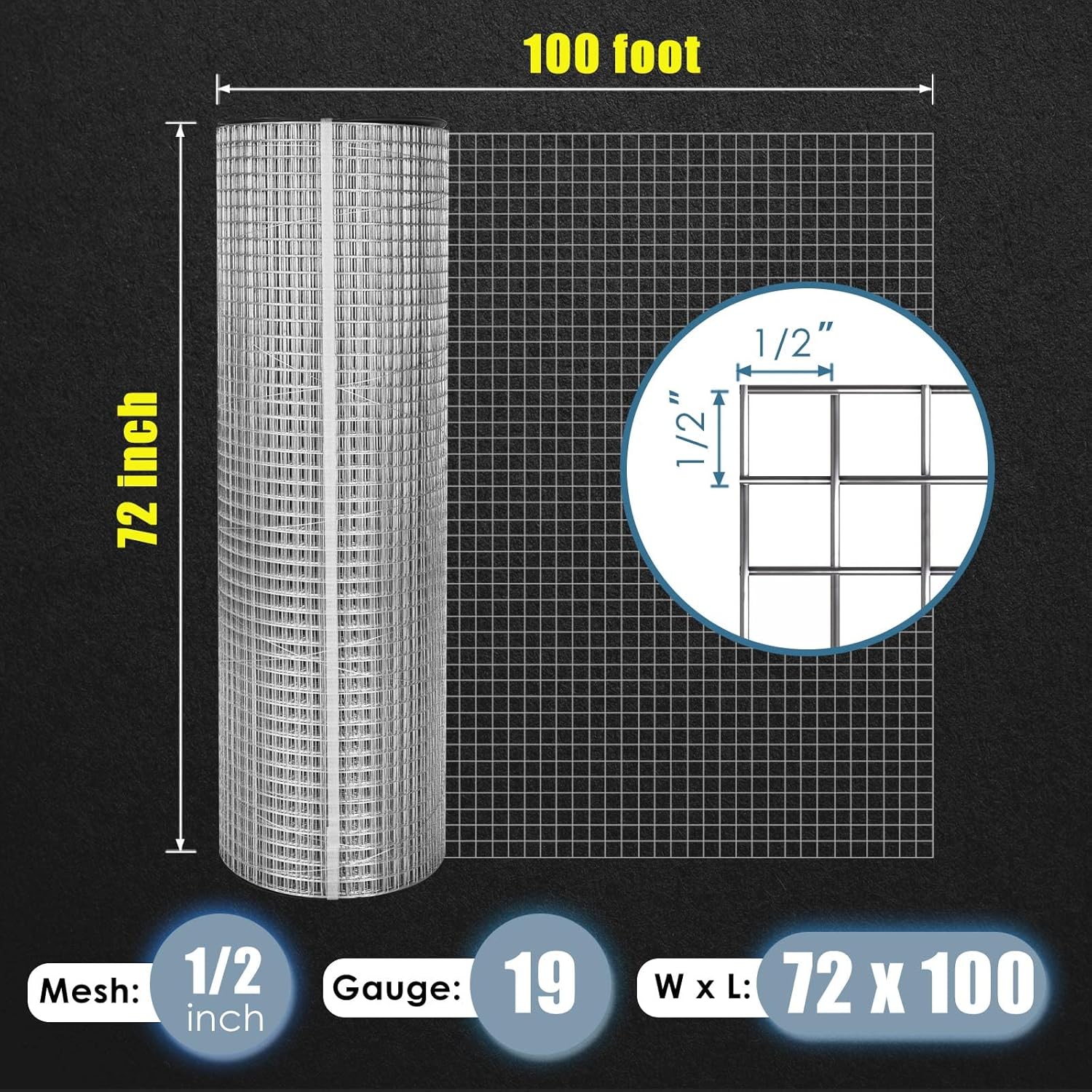 Hardware Cloth 1/2 inch 6ft x 100ft 19 Gauge - Chicken Wire Mesh Roll Welded Wire Fencing Garden Fencing Rodent/Rabbit Wire Chicken Coop/Run Wire Tree Guard