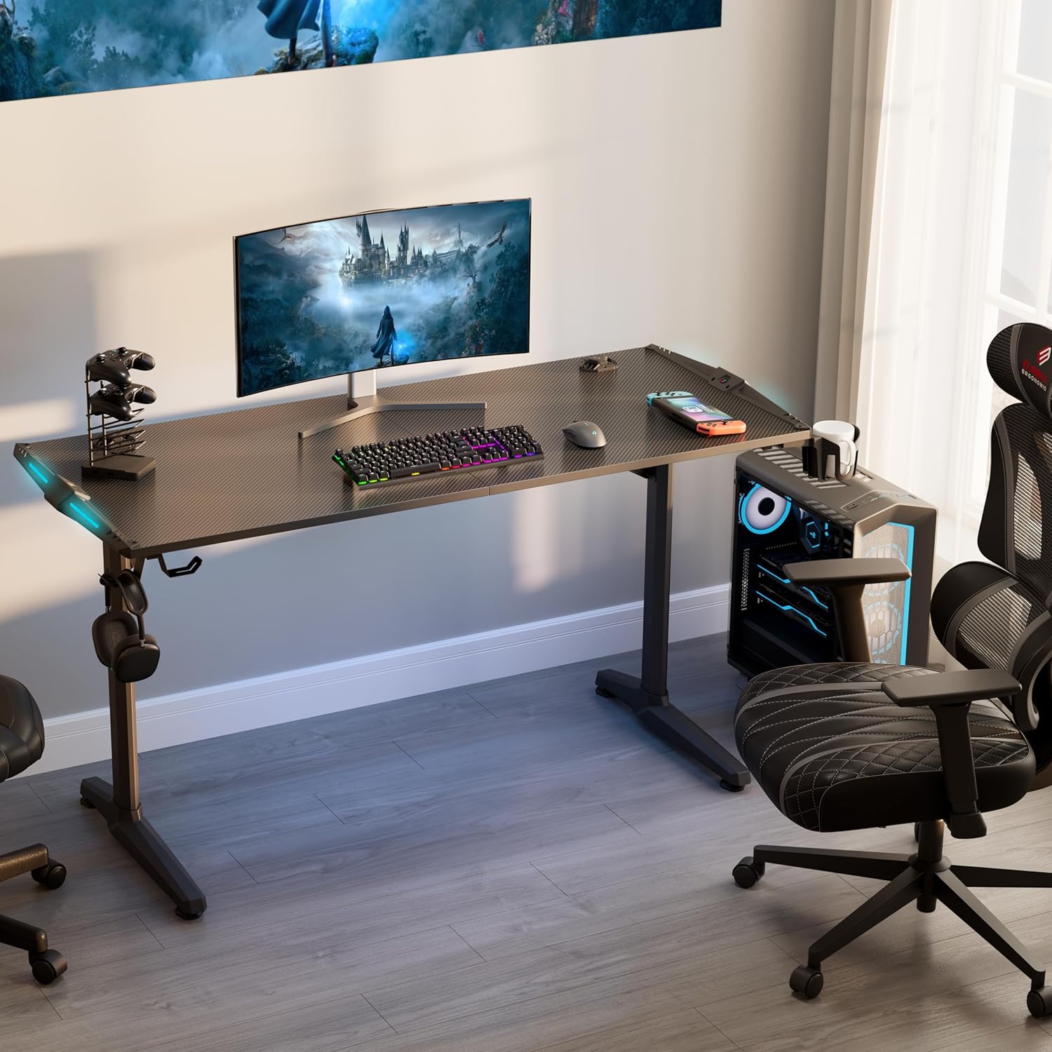 EUREKA ERGONOMIC RGB Gaming Desks, 55 Inch Computer Desk PC Studio Gamer Table Home Office Workstation, w Free Mouse Pad,USB Ports Controller Stand Cup Headset Holder Black for Game