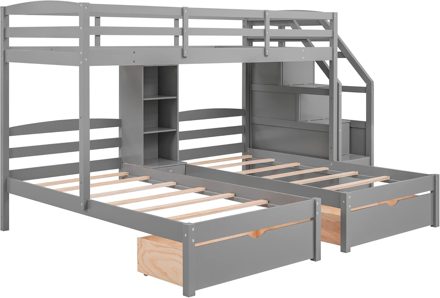 Twin over Twin&Twin Bunk Bed, Triple Bunk Bed with Drawers, Staircase with Storage, Built-in Shelves, Gray