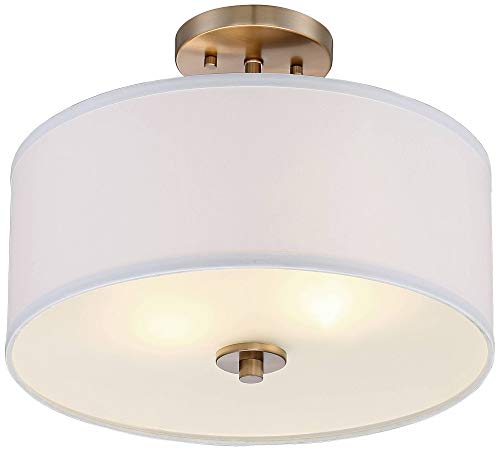 Possini Euro Design Halsted Modern Industrial Close to Ceiling Light Semi Flush Mount Fixture 15" Wide Warm Brass Gold White Linen Drum Shade for Bedroom Kitchen Living Room Hallway Bathroom