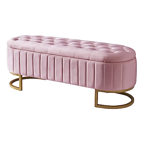 GERRIT Oval Storage Ottoman Bench with Button-Tufted, Velvet Upholstered Storage Bench with Metal Legs, End of Bed Ottoman Bench for Bedroom,Living Room,Fully Assembled Except Legs (Beige)