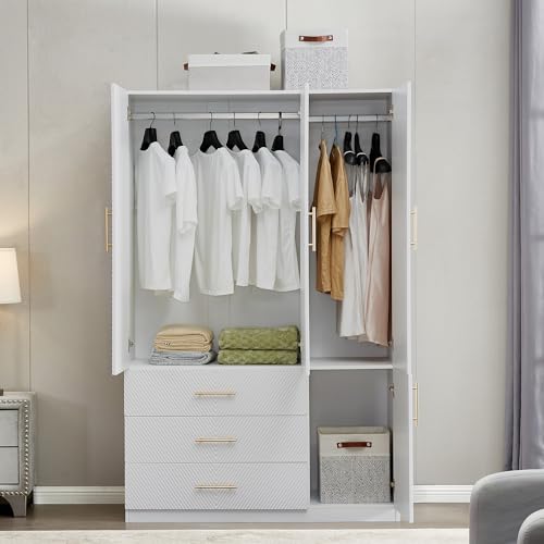 White 4 Doors 3 Drawers Large Closet Cabinet Wardrobe Armoire Bedroom Freestanding Clothes Storage Organizer with Hanging Rod & Shelves, Bathroom Wooden Organizer (20.3"D x 63"W x 74.2"H)