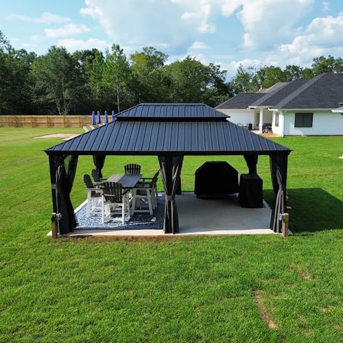 PURPLE LEAF 10' X 14' Permanent Hardtop Gazebo Aluminum Gazebo with Galvanized Steel Double Roof for Patio Lawn and Garden, Curtains and Netting Included, Grey