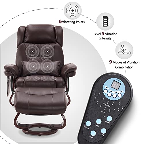 MCombo Swivel Recliners with Ottoman, Vibration Massage TV Chairs with Side Pocket, Faux Leather Ergonomic Lounge Chair for Living Room Bedroom 4734 (Grey)