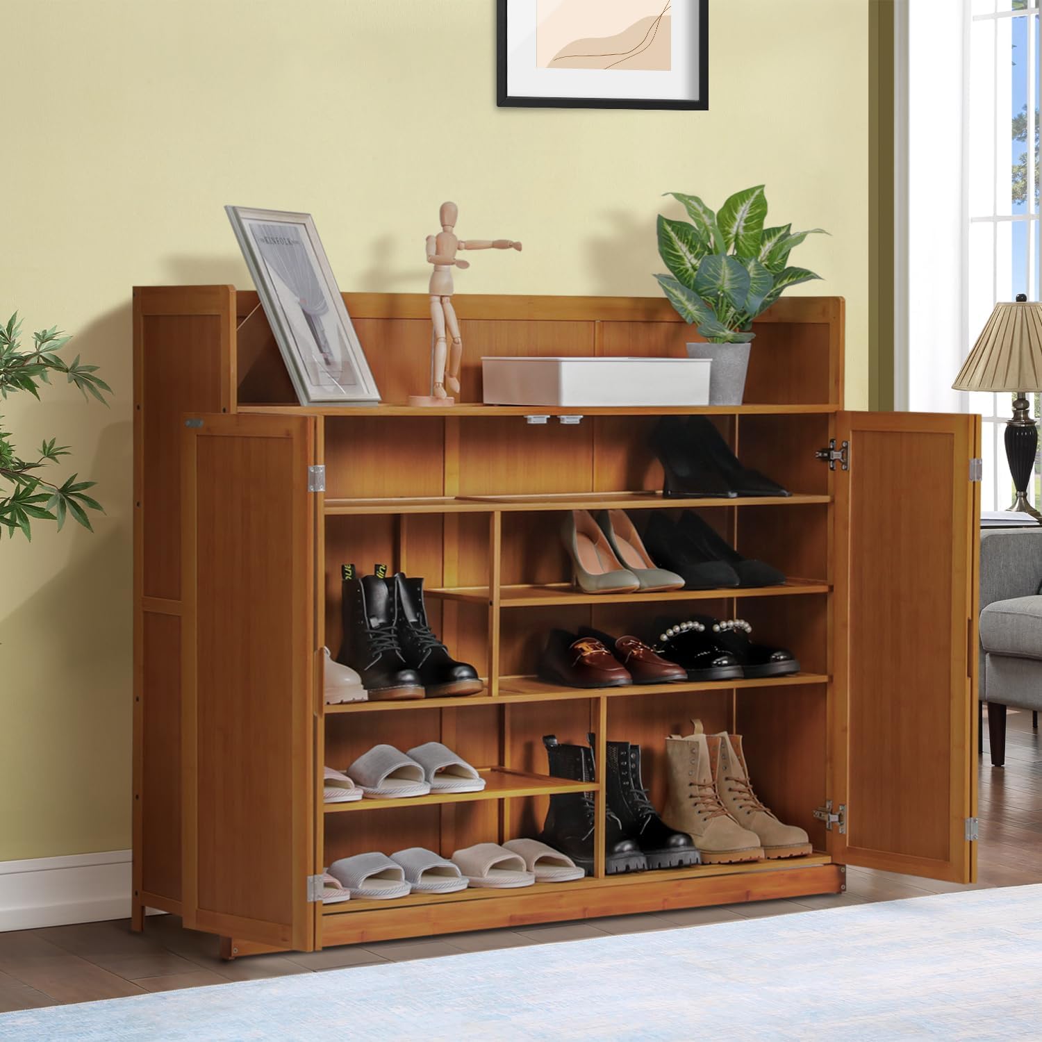 Magshion 5 Tier Bamboo Shoe Cabinet with Doors, Free Standing Shoe Shelf Organizer w/High Baffle, Freestanding Shoe Cabinet Organizer for Convenient Shoe Organization (Brown)
