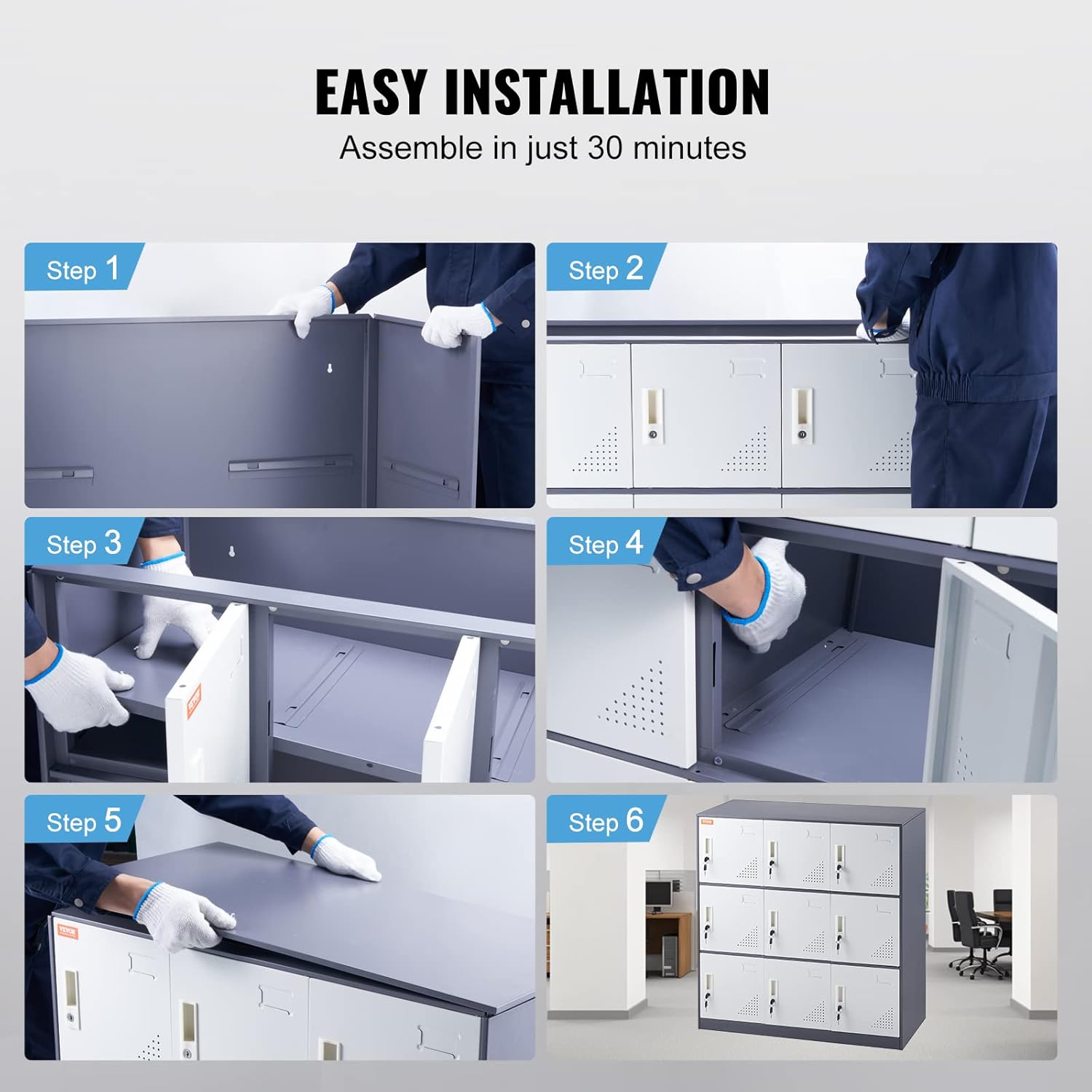 VEVOR Metal Locker for Employees, 9 Doors Storage Cabinet with Card Slot, Gray Steel Employee Lockers with Keys, 66lbs Loading Capacity Office Storage Lockers for Office, Home, School, Gym