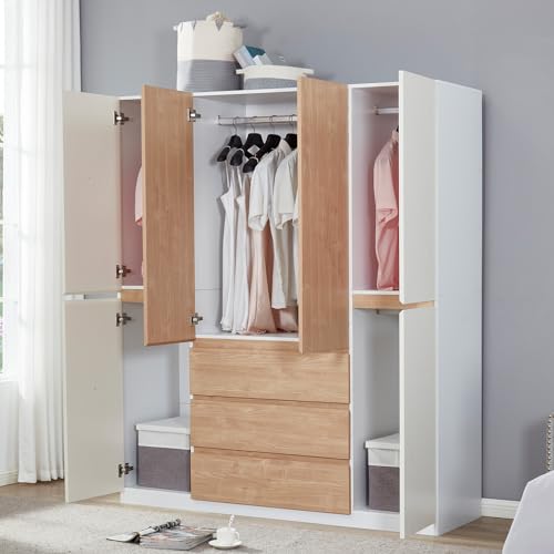 Armoire Wardrobe Closet Cabinet, 4 Door 3 Drawers Wooden Tall Cabinet Closet Wardrobe for High Storage Capacity, White Closet Cabinet with Hanging Rod 63" L x 20.3" W x 74.2" H
