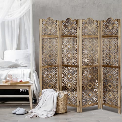 ECOMEX Carved Room Dividers,6 Panel Room Divider with Hand Carved Vintage Style Room Dividers and Folding Privacy Screens,Retro Flower Pattern, Grey