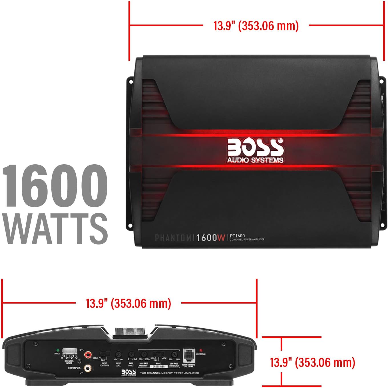 BOSS Audio Systems PT1600 2 Channel Car Amplifier – Phantom Series, 1600 Watts, Full Range, Class A/B, 2-8 Ohm Stable, Mosfet Power Supply, Bridgeable