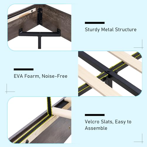 Full Size Floating Bed Frame, Farmhouse Platform Bed Frame with Headboard and LED Light/No Box Spring Needed/Noise Free/Easy Assembly, Rustic Grey