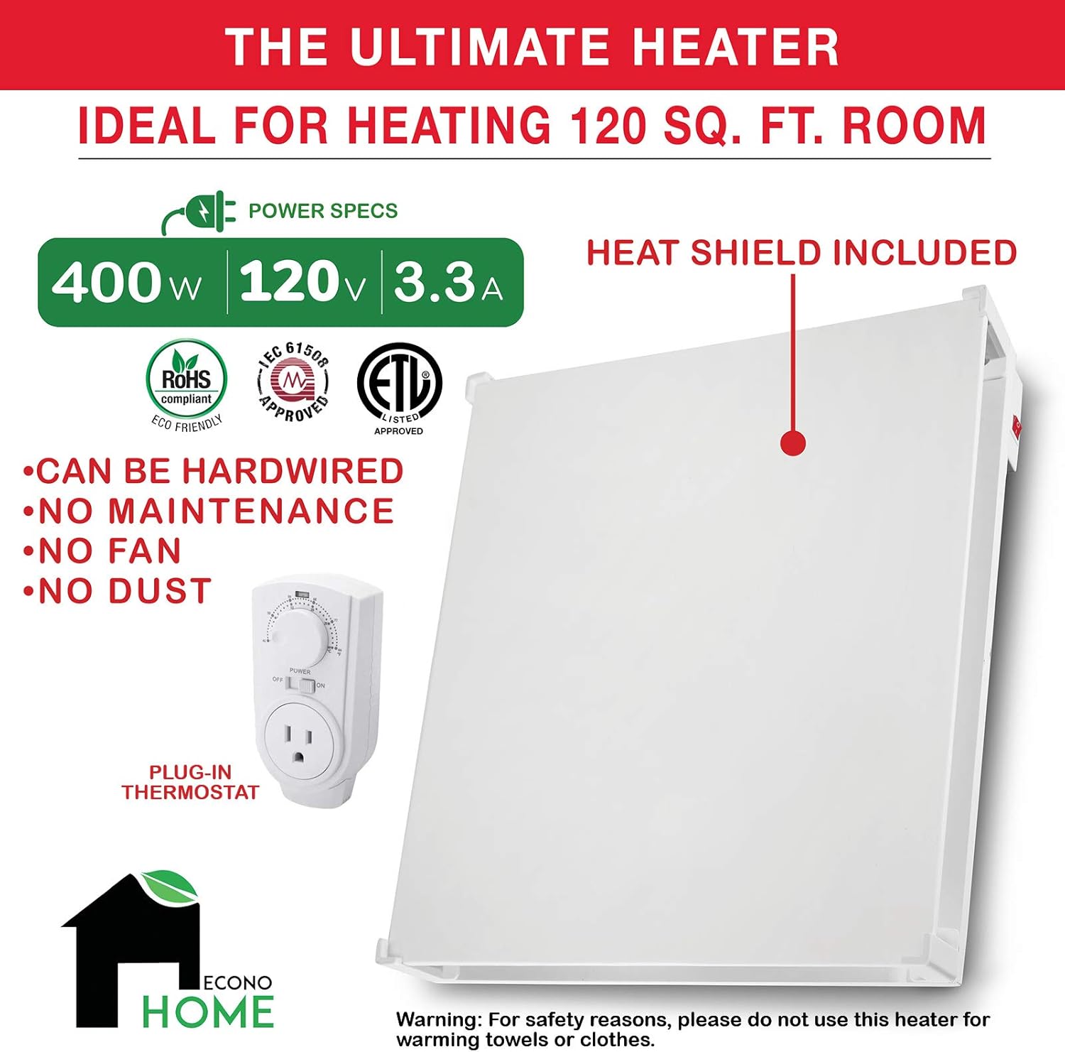 EconoHome Wall Mount Space Heater Panel - with Thermostat and Heat Guard Cover - 400W Convection Heater - For 120 Sq Ft Room - 120V - Save On Your Home Heating Costs - Overheat Protection