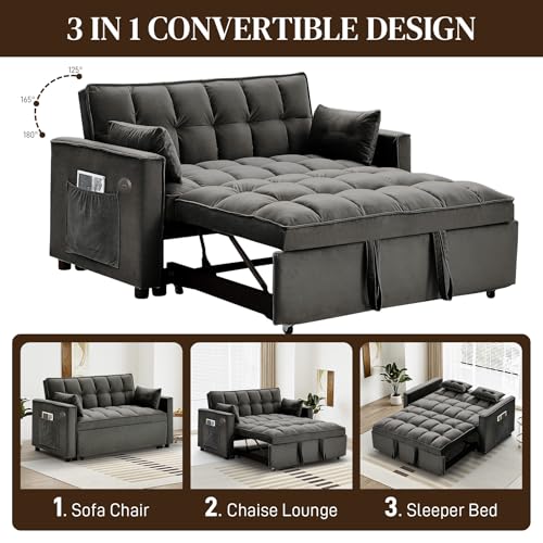 3 in 1 Convertible Sleeper Sofa Couch with Pullout Bed, Adjustable Pull Out Loveseat Sofa with USB Port & Pocket, Modern 2 Seater Chaise Lounge for Living Room, Small Spaces, Black Velvet
