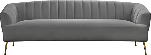 Meridian Furniture Tori Collection Modern | Contemporary Velvet Upholstered Sofa with Deep Channel Tufting and Ball Designed Custom Gold Legs, 84.50" W x 31.5" D x 29.75" H, Grey