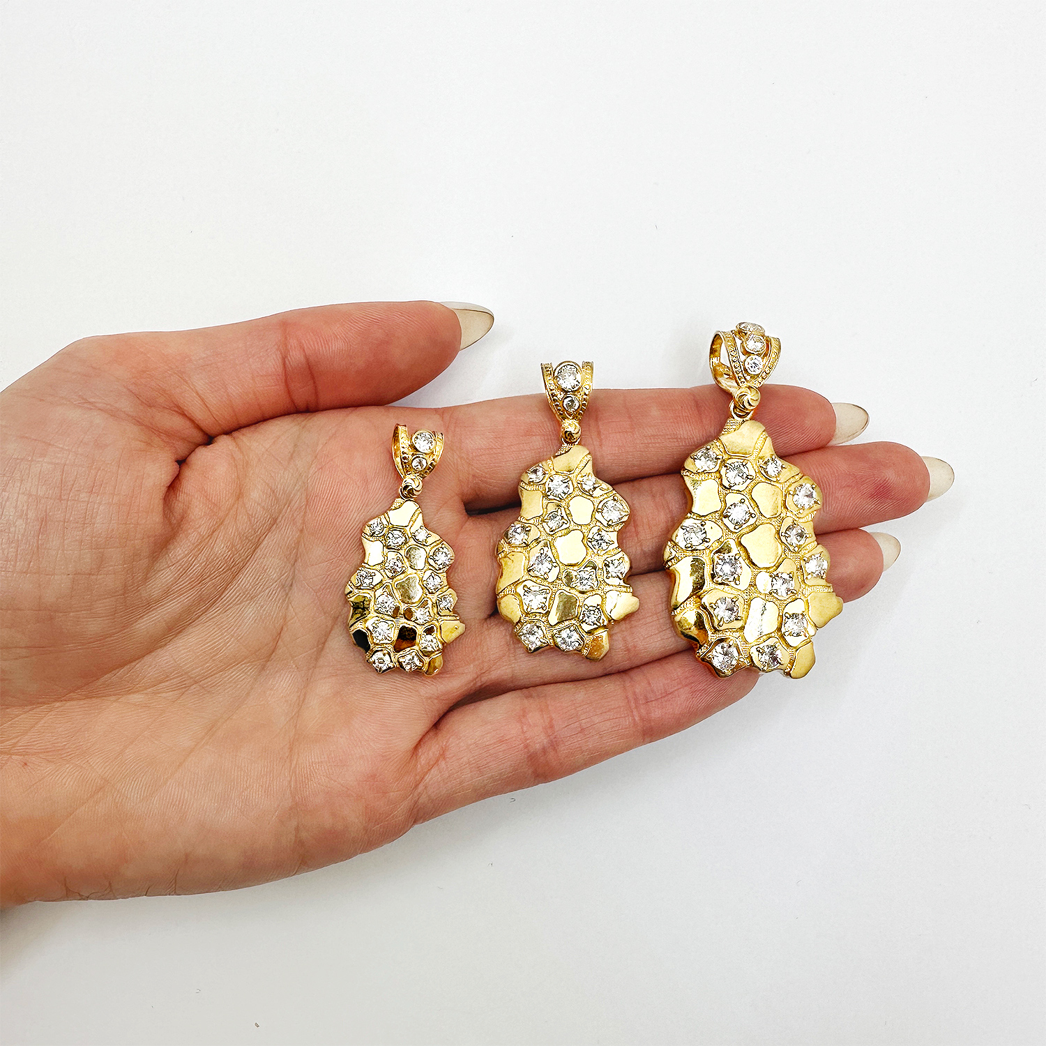 10K Yellow Gold Simulated Diamond Nugget Pendant 1.5"-2.3"