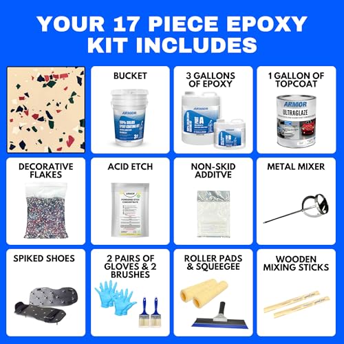 Garage Epoxy Floor Kit – 100% Solids - 2 Part Industrial-Grade Coating w/UltraGlaze Topcoat | DIY Slip & Hot Tire Resistant | 300 Sq Ft - Blue - 17 pc kit