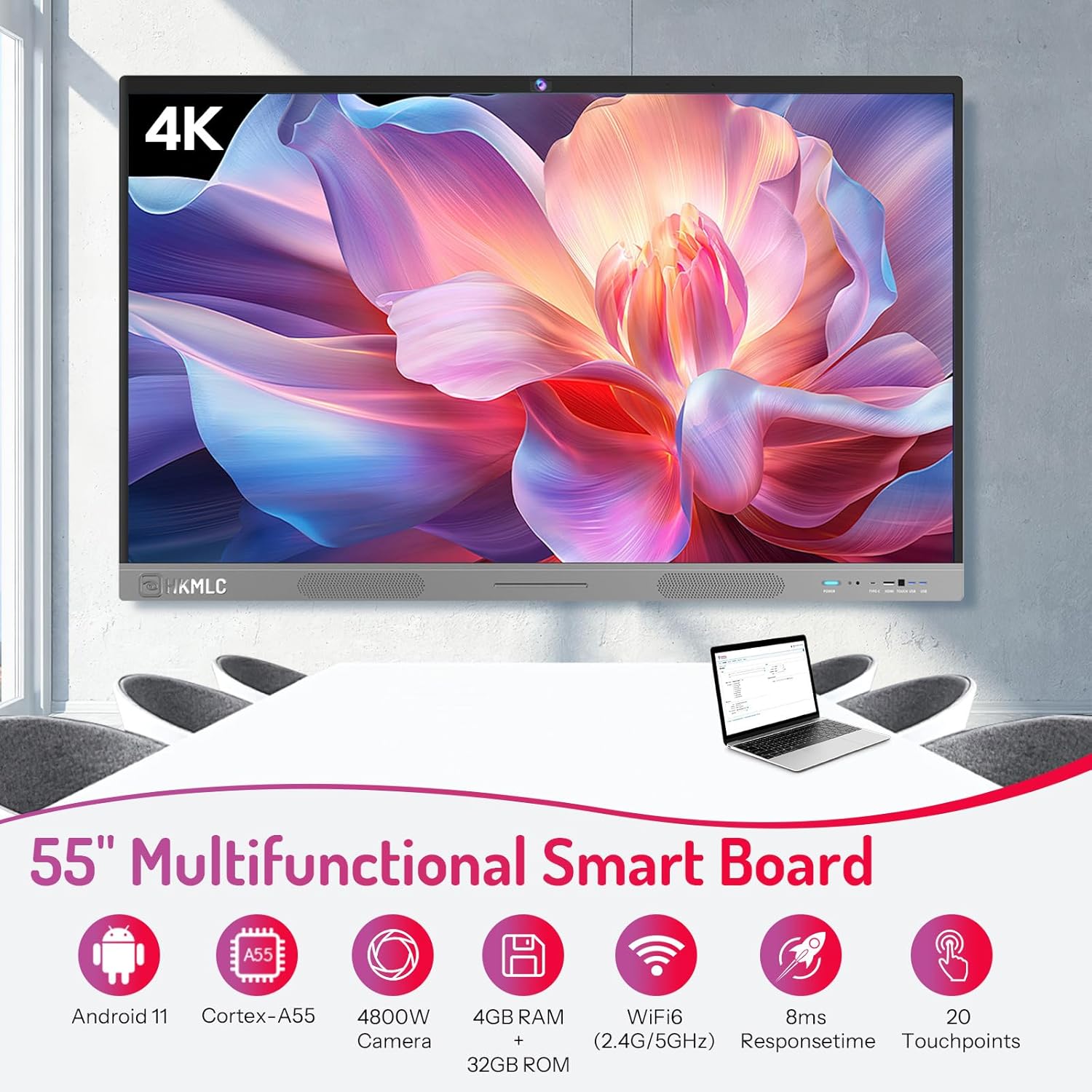 HKMLC Smart Board, 55" Interactive Whiteboard Built-in 4800MP Camera with Stand, All-in-One Digital Whiteboard with 4K UHD TouchScreen for Classroom Home Business Office