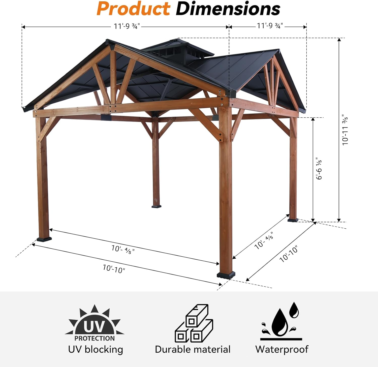 Modern Shade Wood Gazebo 12’x12’, Heavy Duty Hardtop Gazebo with Steel Roof, Water Resistant, Wind Resistant, Perfect for Your Permanent Outdoor Pavilion, Solid Wood Framed Gazebo, Cedar Gazebo