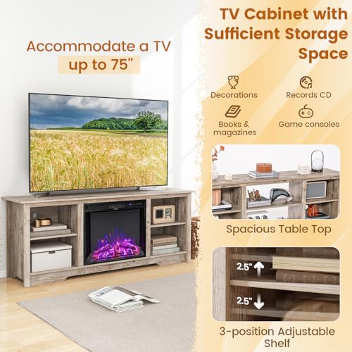COSTWAY Electric Fireplace TV Stand for TVs up to 75 Inches, 1500W Heater Insert with Remote Control, 3 Flame Colors, 70-inch Wooden Entertainment Center with Adjustable Shelves, Black