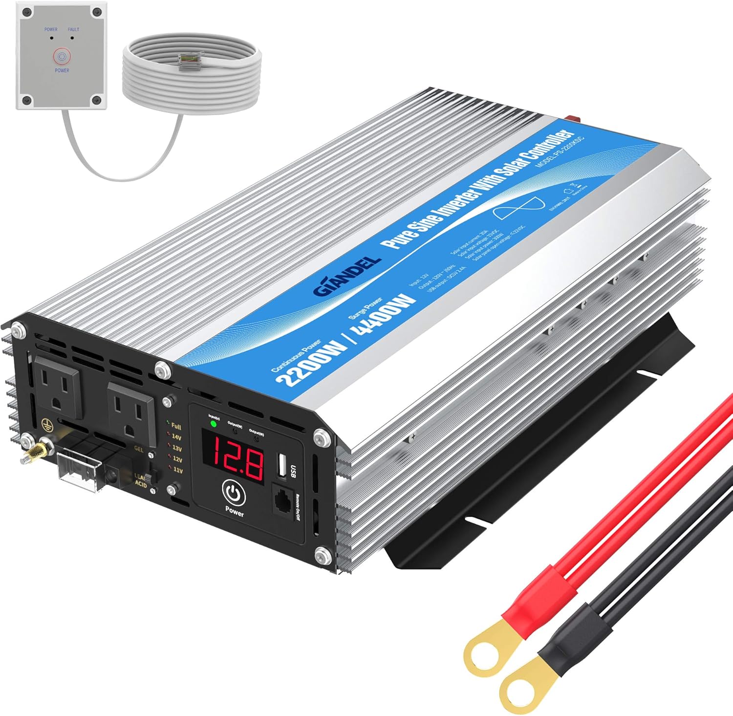 GIANDEL 2200W Pure Sine Wave Power Inverter 12V DC to 110V 120V AC with 20A Solar Charge Control and Remote Control&LED Display and Dual AC Outlets &1x2.4A USB Port for RV Truck Car Solar System