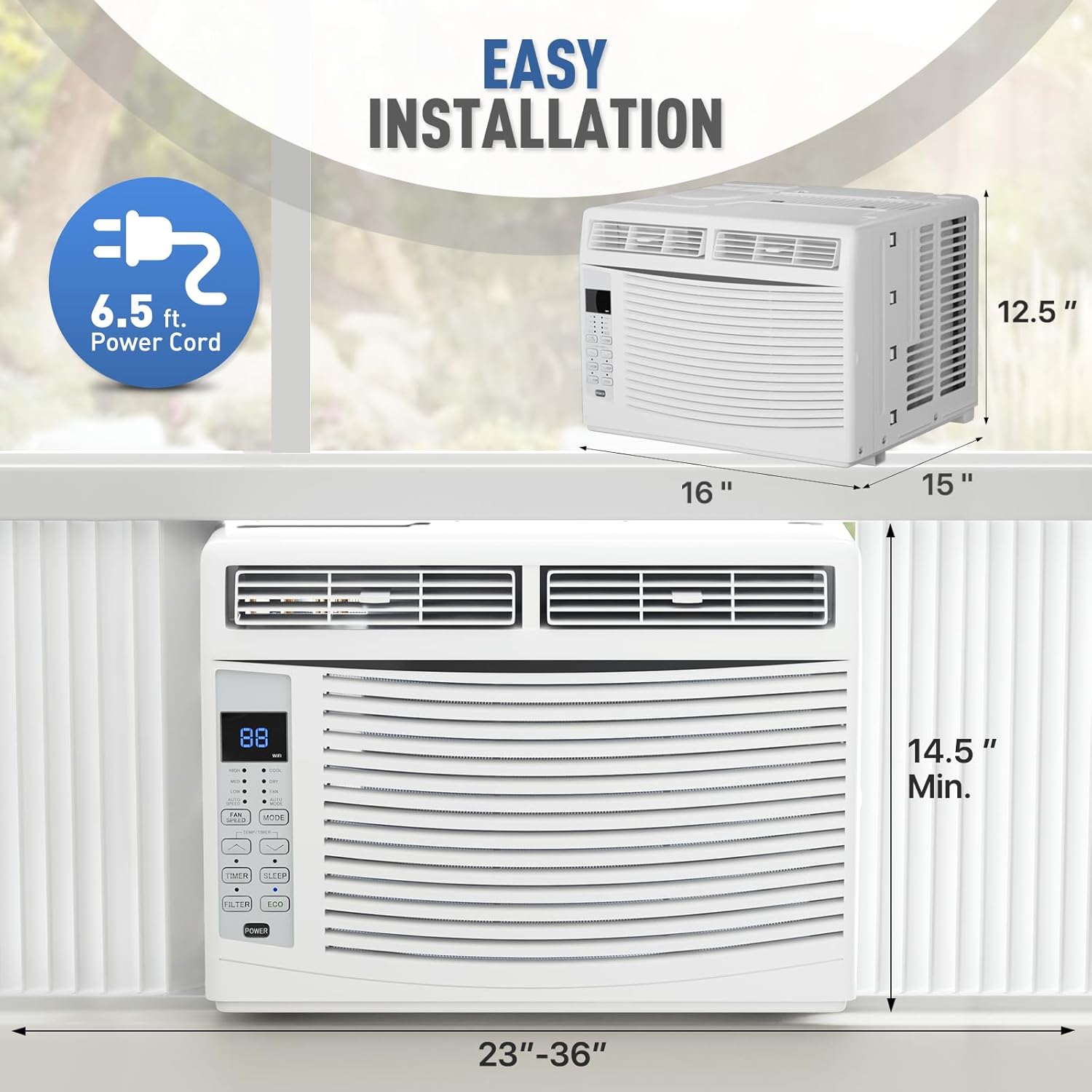 6000 BTU 115V Smart Window AC for Rooms up to 250 sq.ft. Quiet Operation Window-Mounted AC Unit with Remote Control, Dehumidifier, Washable Filter and Timer for Bedroom Living Room
