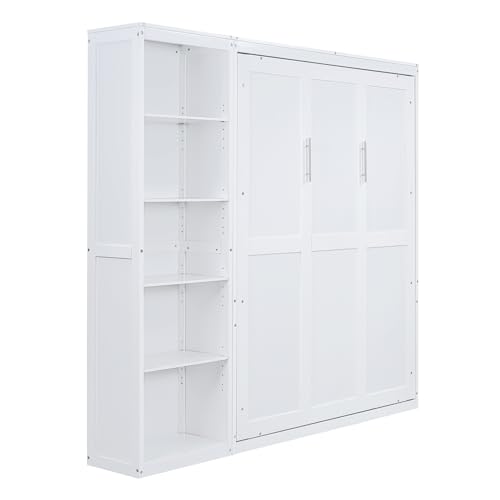 Merax Queen Size Murphy Bed Wall Bed with Storage Shelves, Multifunctional Foldable Platform Bed Frame, Fold into The Wall, Space-Saving Design Bed for Guest-Room, Home, Office, White