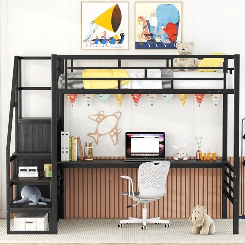 Metal Full Loft Bed with Desk and Wardrobe, Full Size with Storage Stairs and Guard Rail,Bed Frame