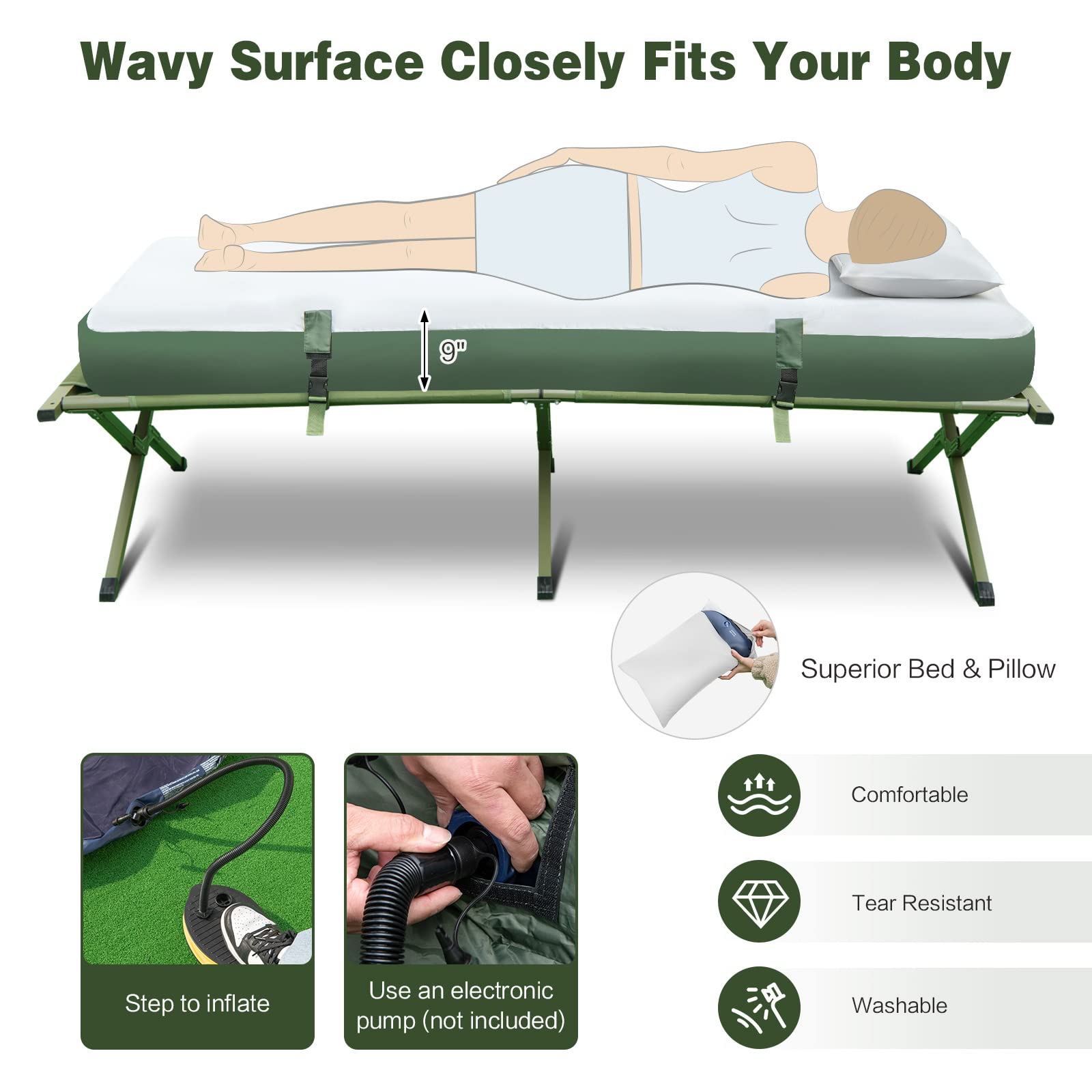 1-Person 5-in-1 Tent Cot, Camping Cot Tent with Air Mattress, Sleeping Bag, Camping Cot, Awning & Air Pillow, Carrying Bag, Off The Ground Tent, Elevated Tent Cot for Camping Hiking Picnic Travel