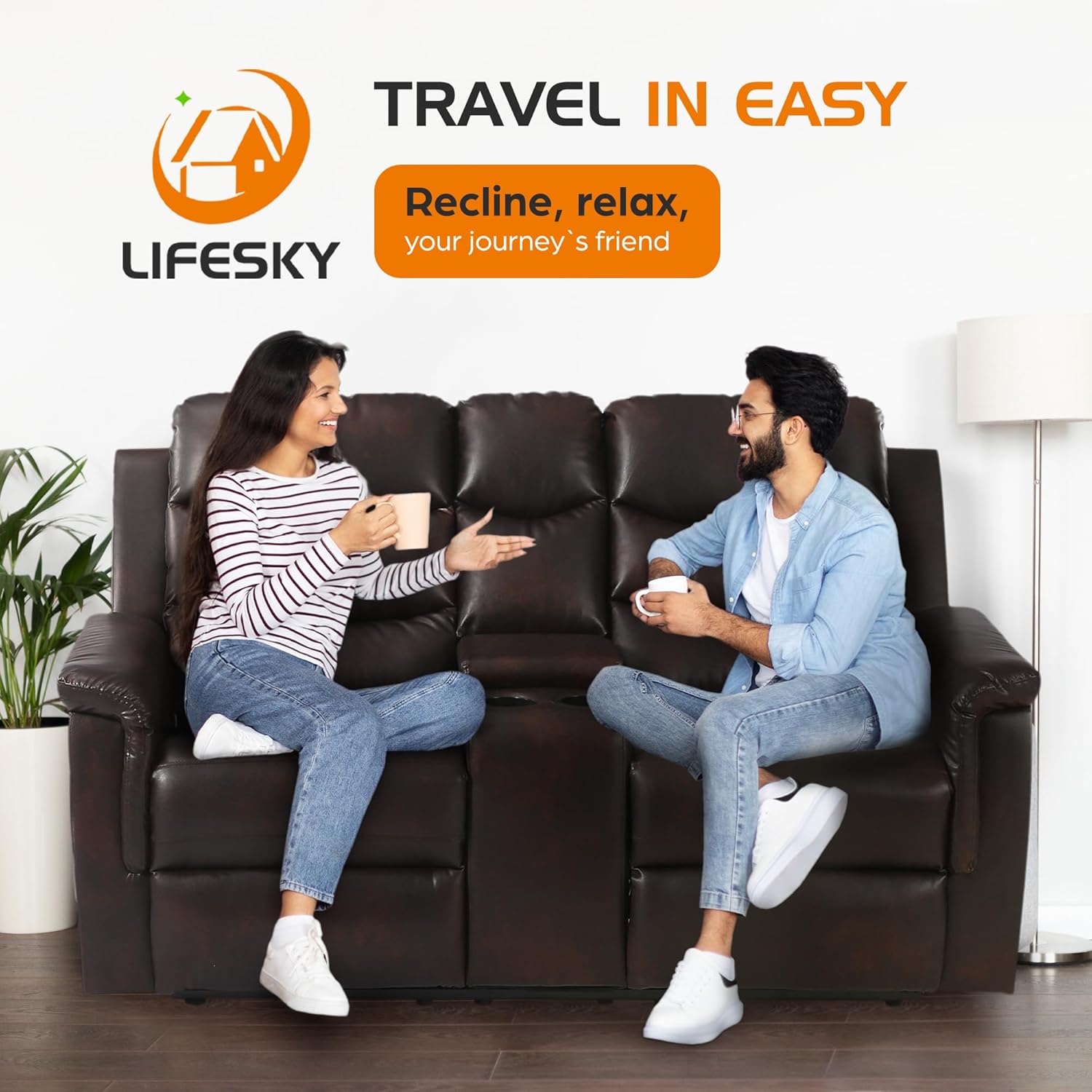 RV Loveseat Recliner Furniture Sofa - 68" Wall Hugger RV Couch with Console Cup Holder - Double Seat Reclining Chair for Motorhomes Camper Travel Trailers Fifth Wheel Browm
