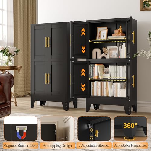 75.2" Tall Metal Pantry Cabinet, Storage Cabinets with 4 Door and 4 Adjustable Shelves, Black Kitchen Pantry Storage Cabinet, Freestanding Cupboard for Kitchen Dining Room Living Room Bathroom