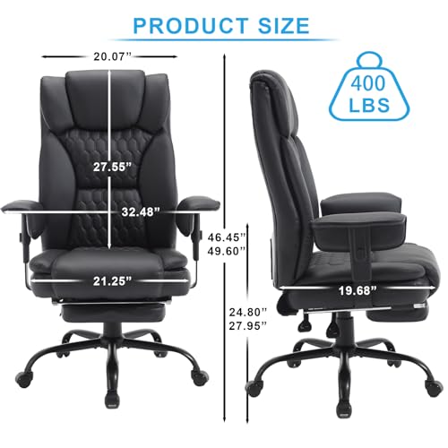 Big and Tall Office Chair 400LBS with Wide Seat High Back Ergonomic Executive Reclining Office Chair with Footrest Leather Computer Gaming Desk Swivel Chair with Wheels,Armrest, Lumbar Support,Beige